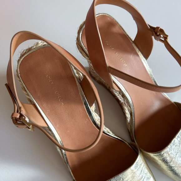 Tory Burch Metallic Gold Leather Closed Toe High Espadrille 95mm Wedge Heels 8 M - Picture 4 of 10